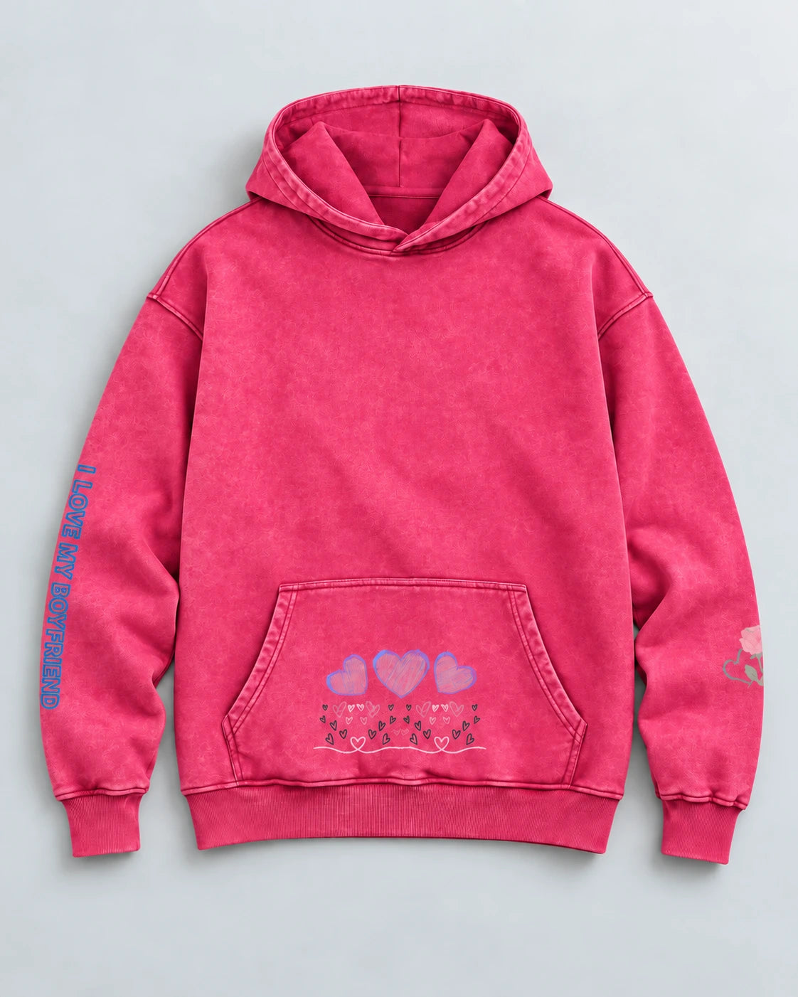 Pink hoodie front with pocket hearts and corrected sleeve artwork, product visualization
